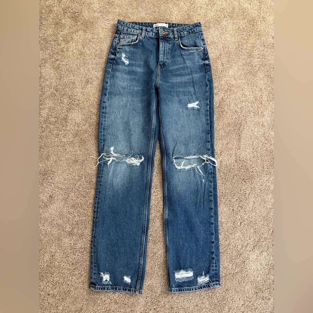 Zara Jeans Women Size 6 Blue Distress Medium Wash Long Denim Pants High Waist